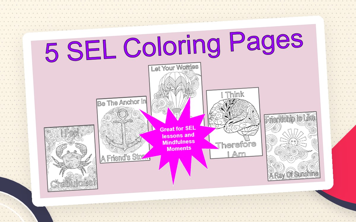 Five SEL Coloring Pages cover with friendship, resilience, and positive-choice page previews.