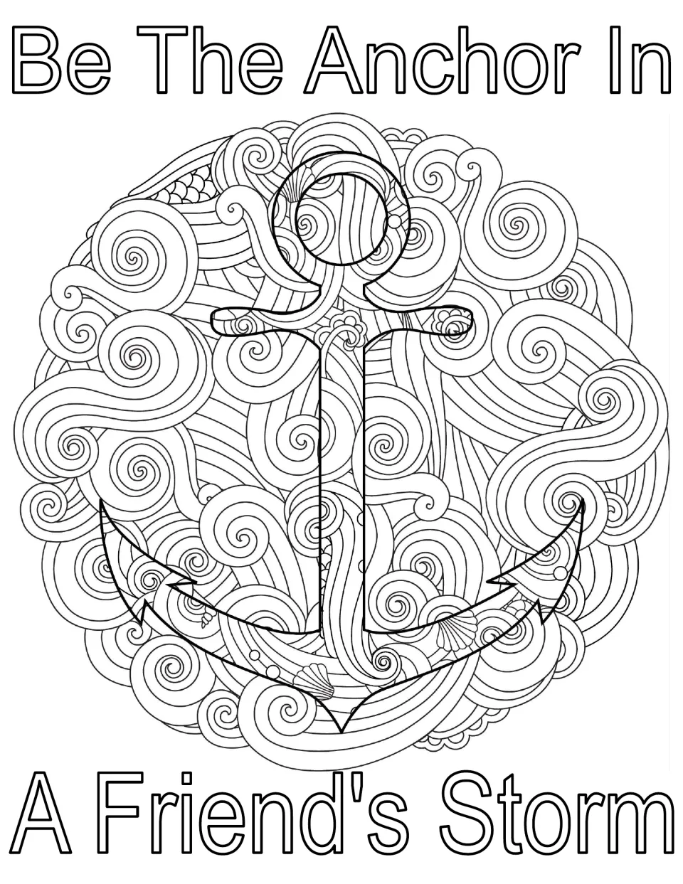 Be The Anchor In A Friend's Storm coloring page: students color an anchor set in a circle of swirling waves