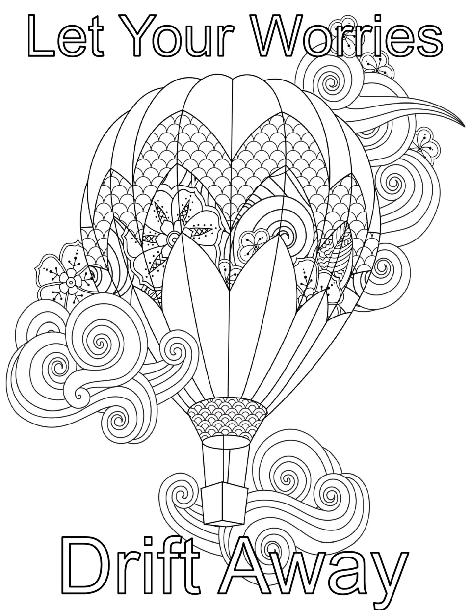 Let Your Worries Drift Away coloring page: students color a patterned hot air balloon among flowers and clouds