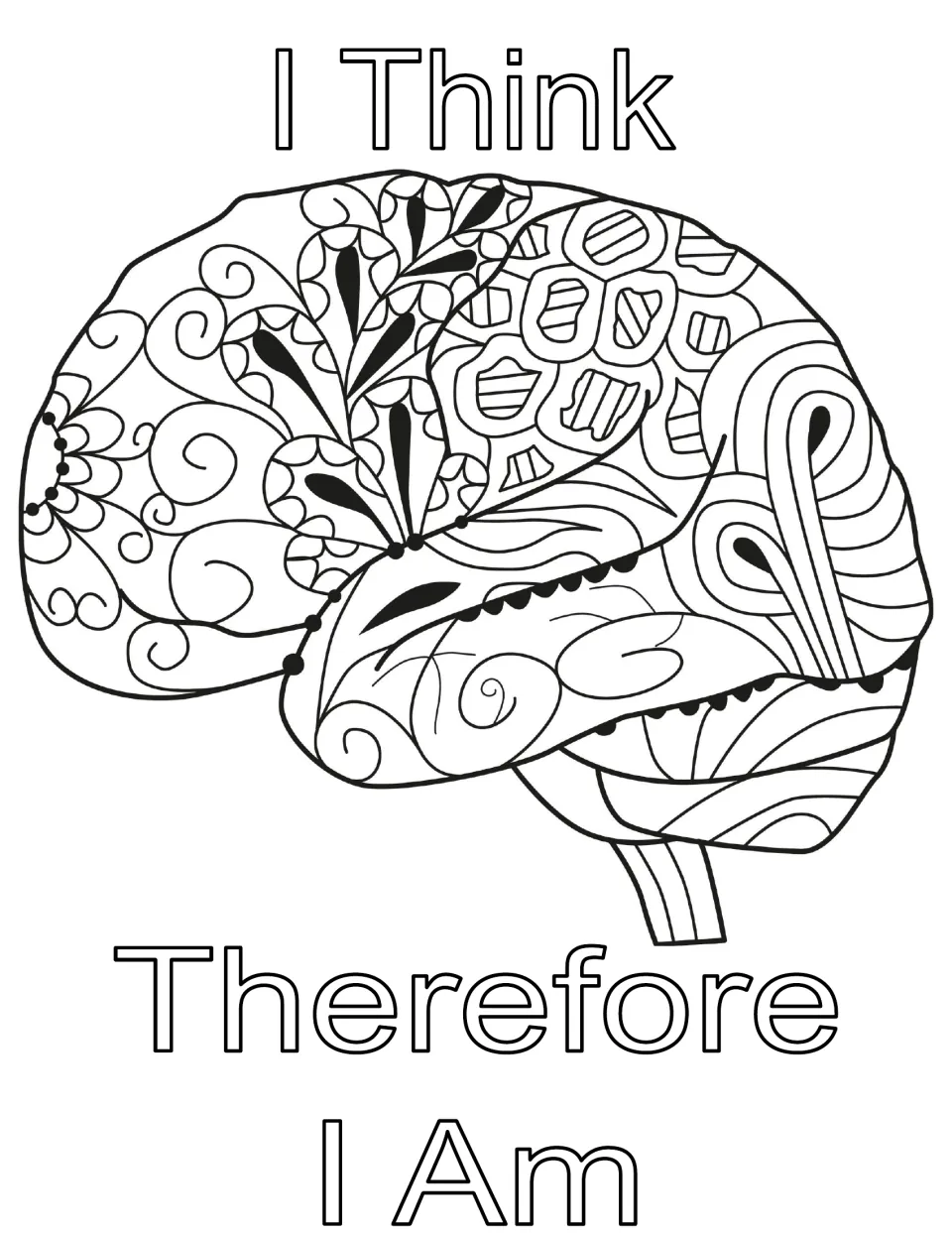 I Think Therefore I Am coloring page: students color a side view of a brain filled with doodle patterns