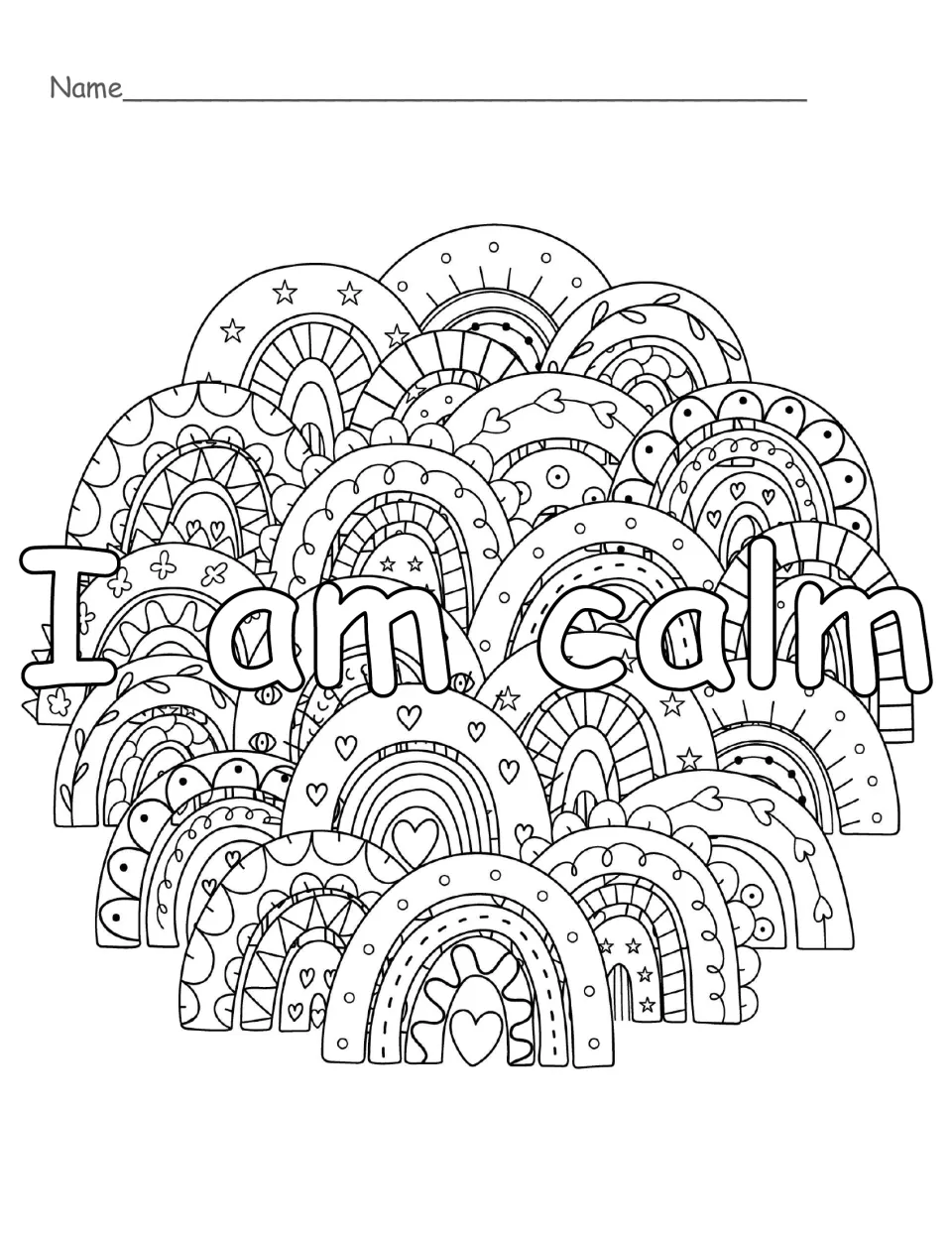 Affirmation colouring page: students colour "I am calm" in bubble letters over a cluster of patterned doodle rainbows