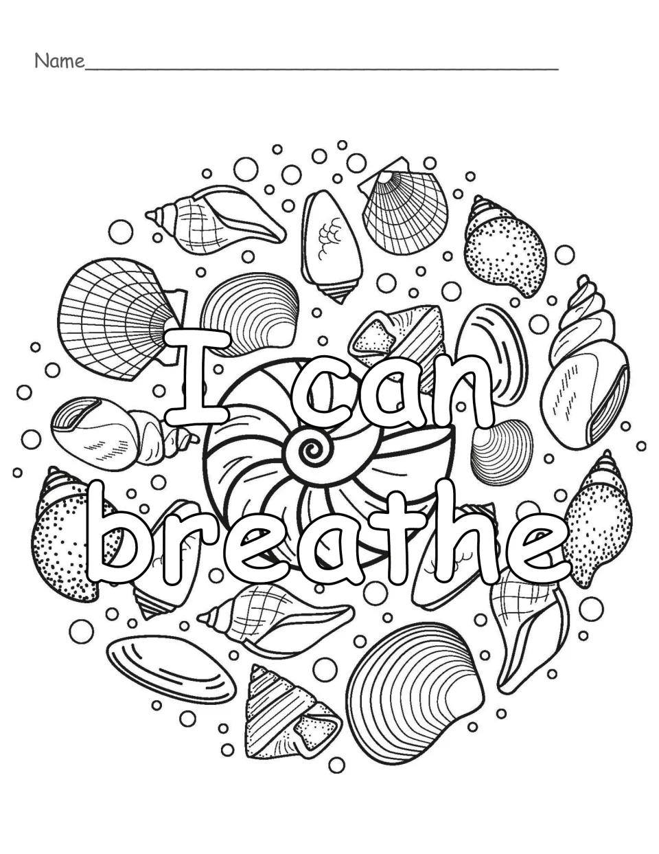 Affirmation colouring page: students colour "I can breathe" in bubble letters amid seashells, a nautilus and bubbles