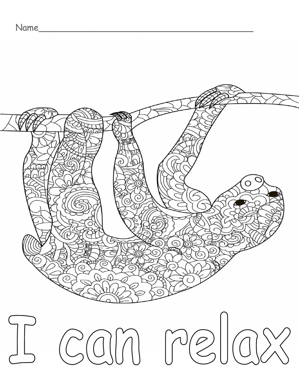 Affirmation colouring page: students colour "I can relax" below a sloth hanging from a branch, filled with floral patterns