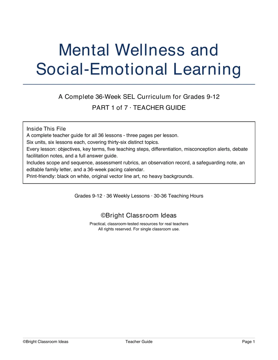 Teacher guide cover for a 36-week SEL curriculum for grades 9–12, identifying six units and 36 lessons