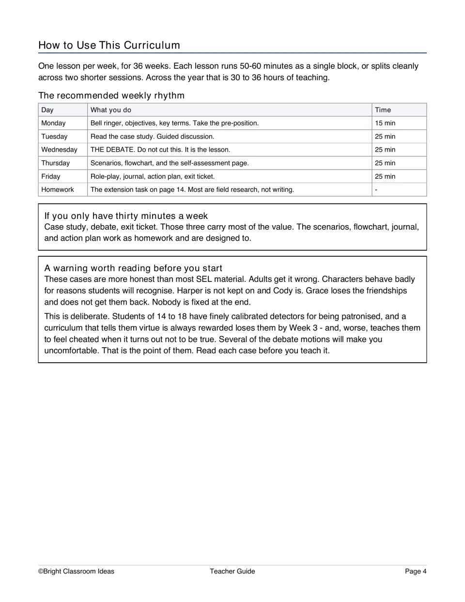 Teacher guide directions explain weekly pacing, a 30-minute option, and preparation for realistic cases