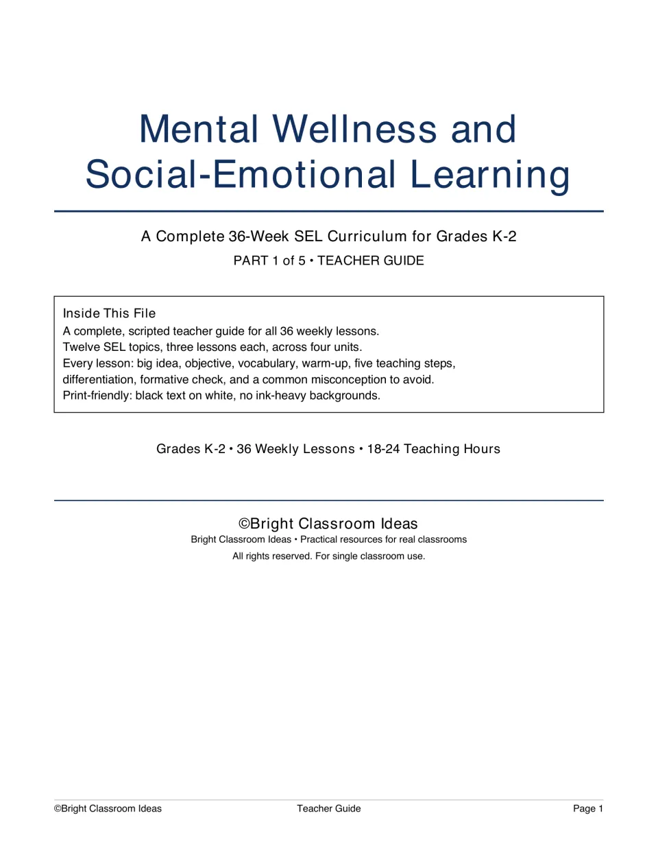 Teacher guide cover for a K–2 SEL curriculum, identifying 36 weekly lessons across 12 topics and four units