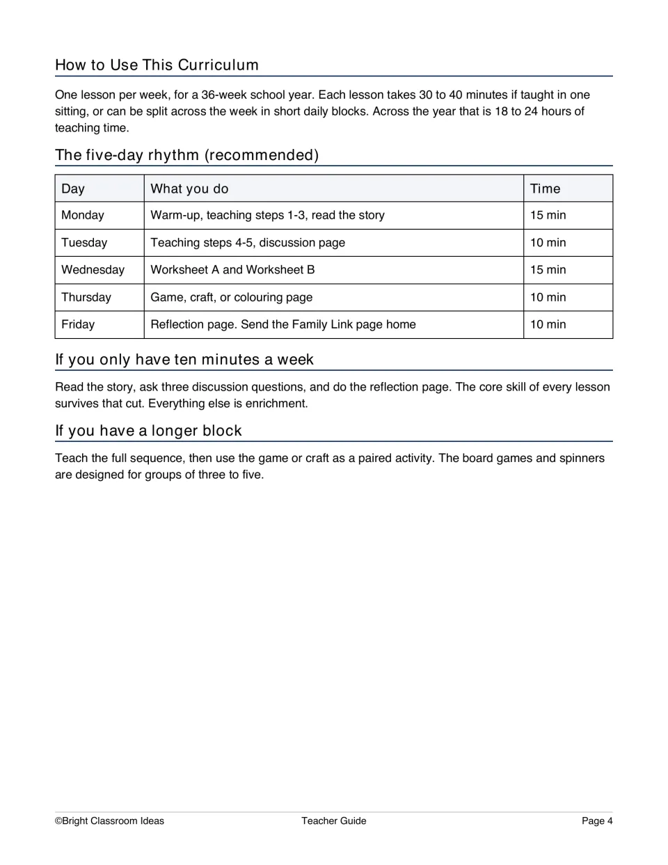 Teacher guide pacing explains weekly SEL lessons, a five-day routine, and options for shorter or longer blocks