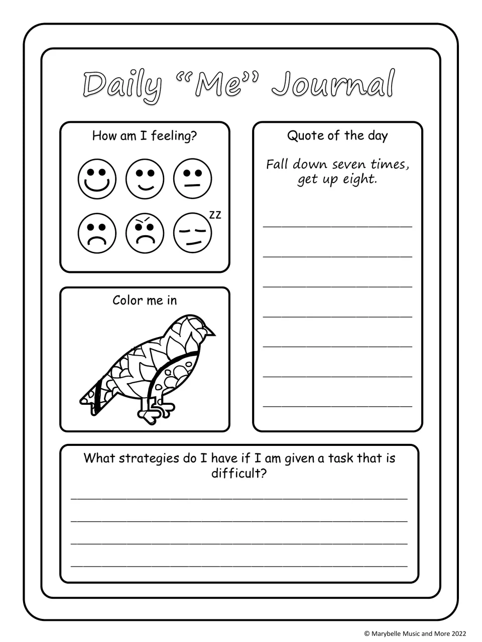 Perseverance check-in: students circle a feeling face, reflect on a quote and list strategies for a difficult task