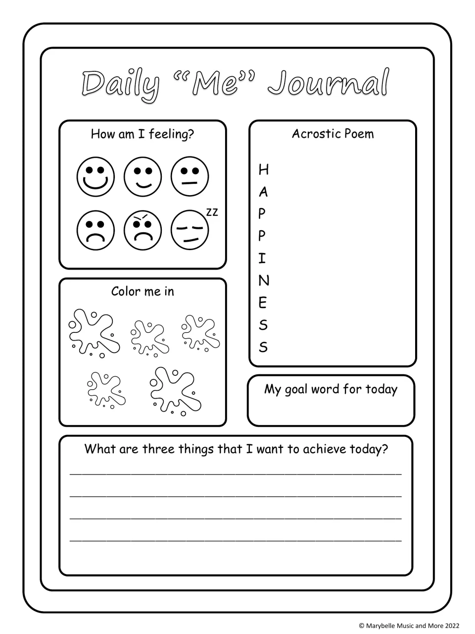 HAPPINESS acrostic poem: students pick a feeling face, set a goal word and write three things to achieve today