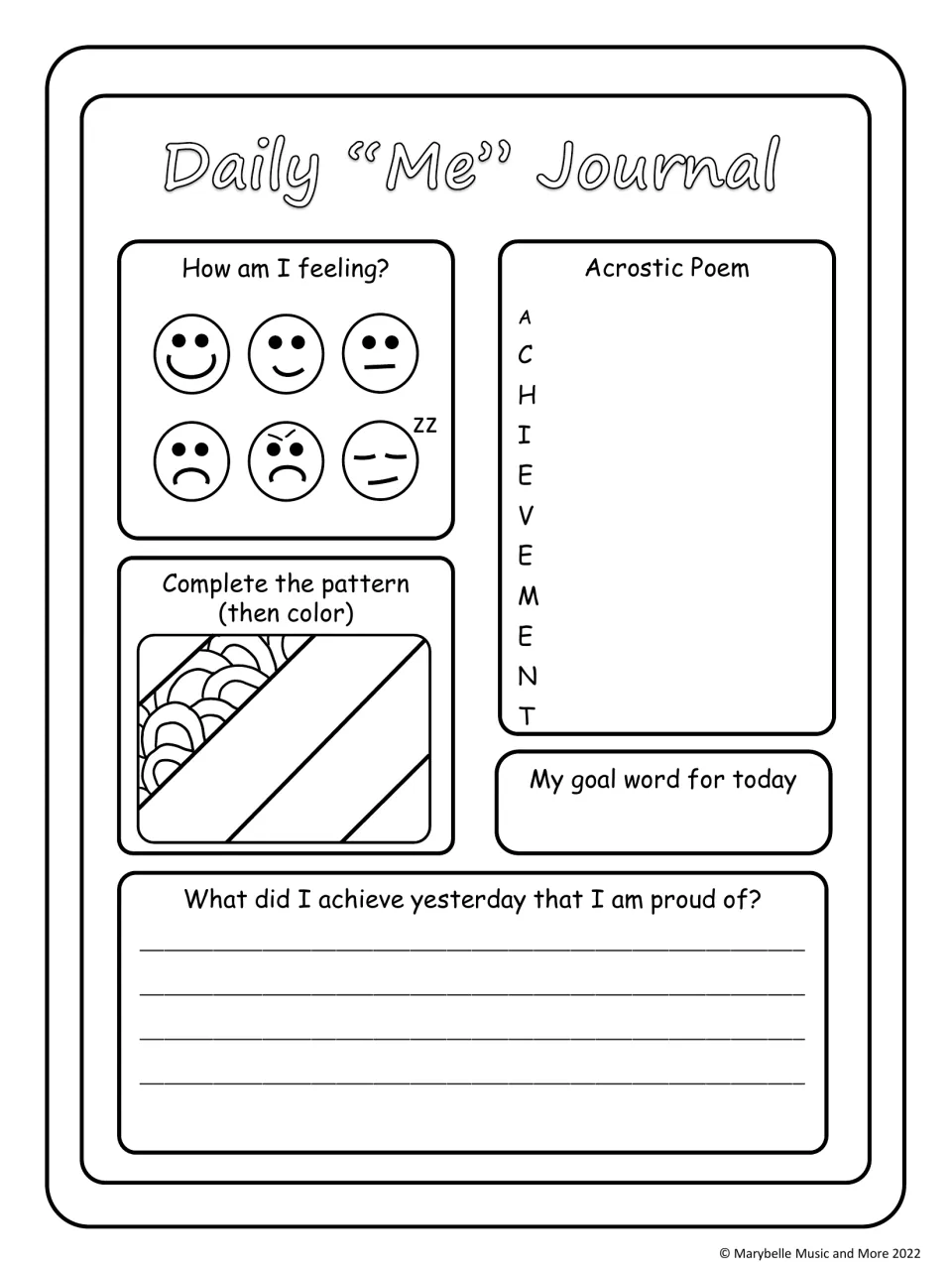 ACHIEVEMENT acrostic poem: students finish a coloring pattern and write about something from yesterday they are proud of