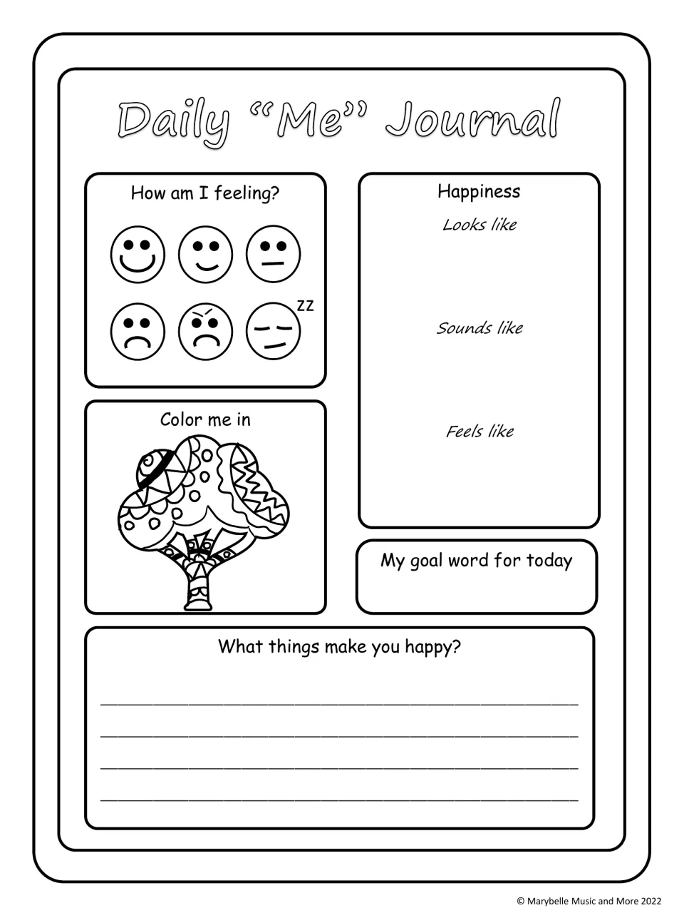 Happiness reflection: students note how the emotion looks, sounds and feels, color a tree and list what cheers them up