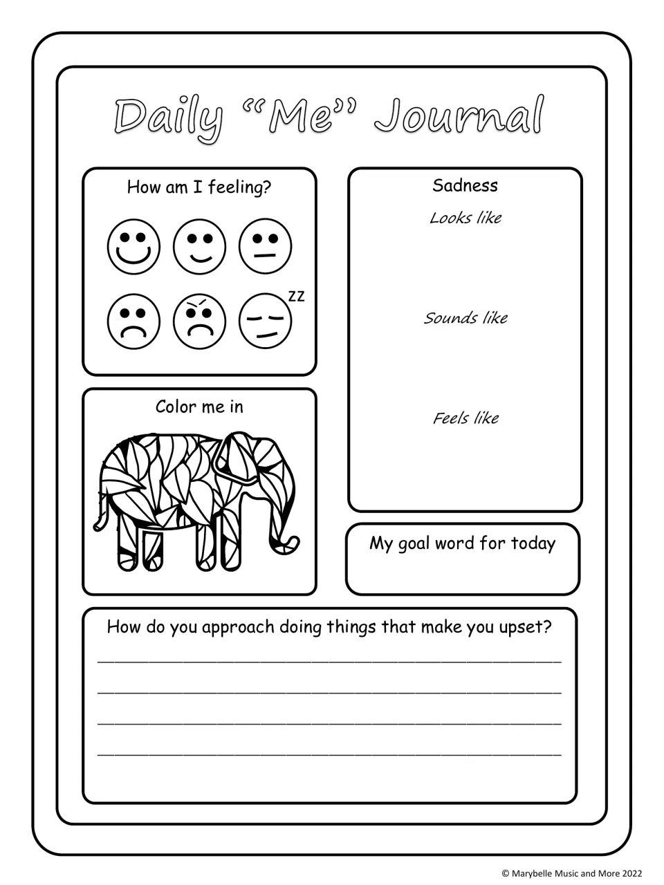 Sadness chart: students write what it looks, sounds and feels like, then how they approach things that upset them