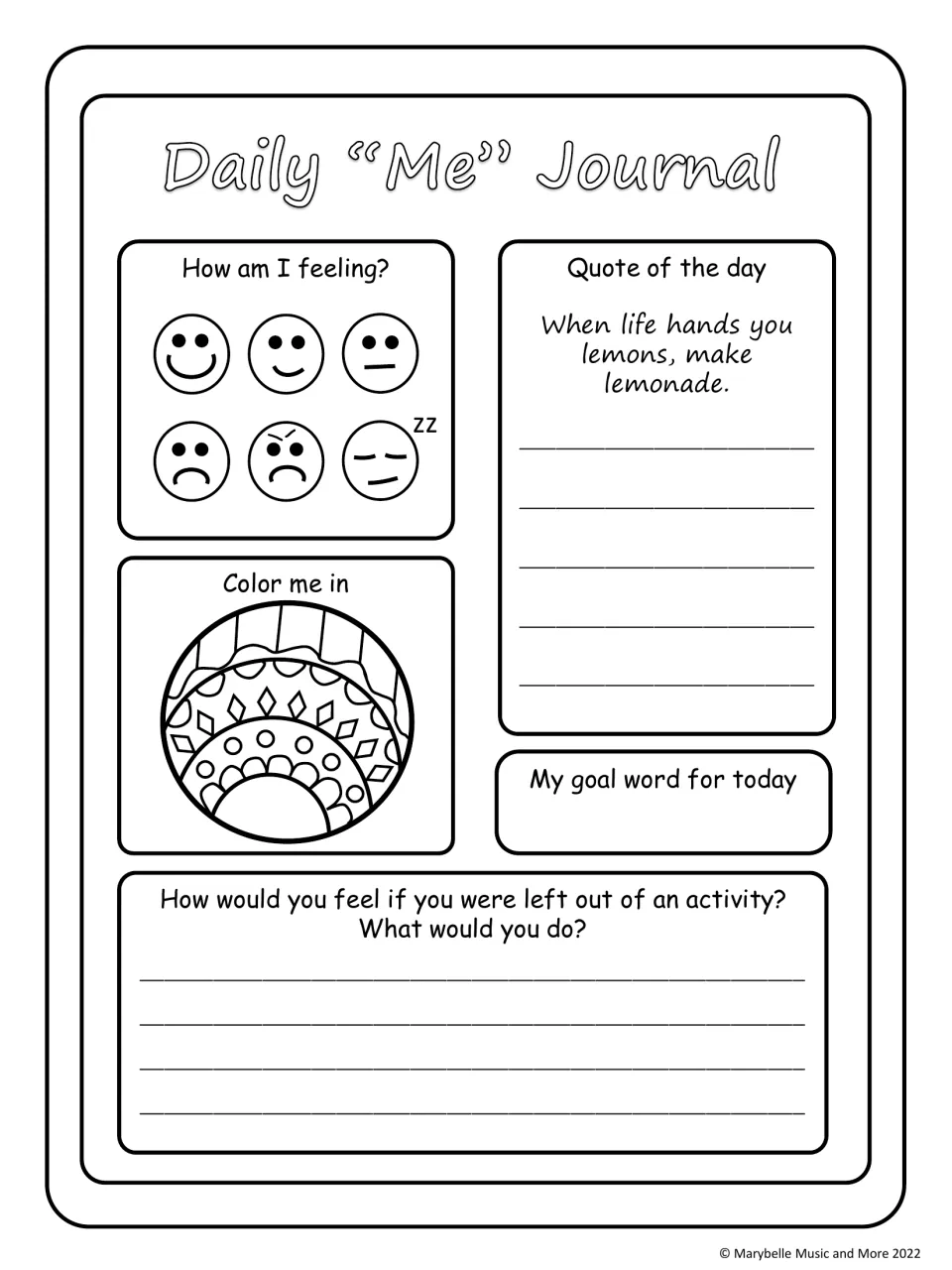 Left-out scenario with a lemons-to-lemonade quote: students color a mandala and write how they would respond