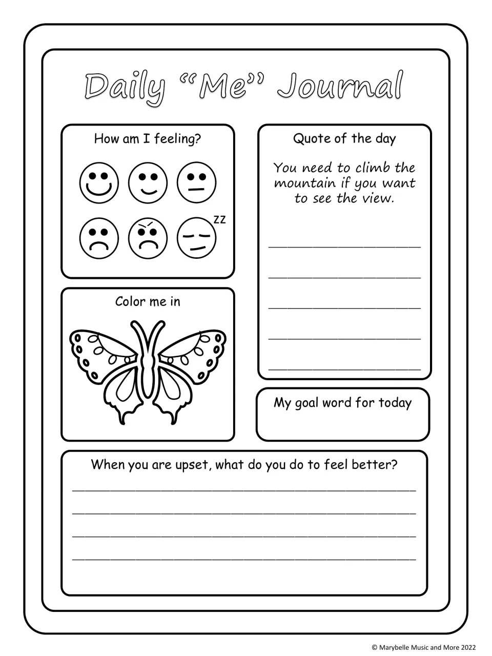 Coping when upset: students reflect on a quote about climbing the mountain, color a butterfly and name ways to feel better