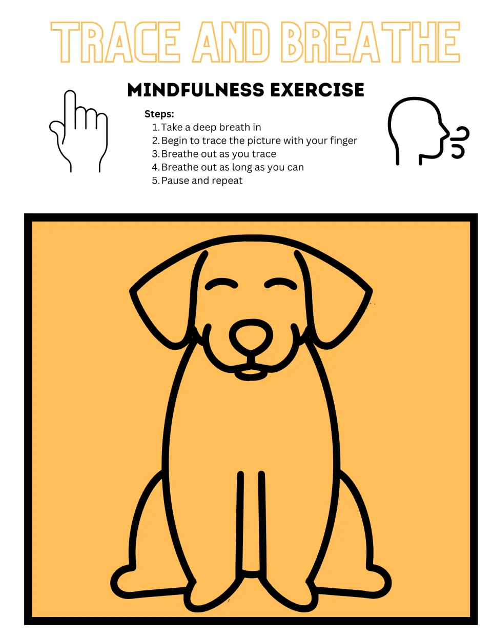 Mindfulness breathing with a colored dog: students trace the dog outline with a finger while breathing out slowly