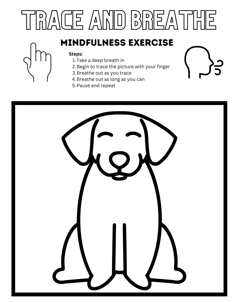 Mindfulness breathing with a black and white dog: students trace the dog outline with a finger and exhale slowly