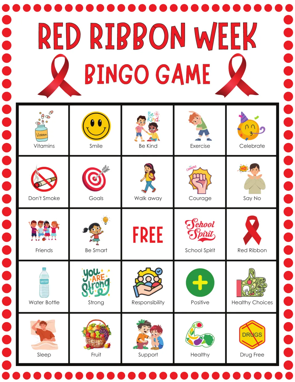 Bingo card 4 on drug-free choices: illustrated squares for Vitamins, Smile, Be Kind, Don't Smoke and Say No around FREE