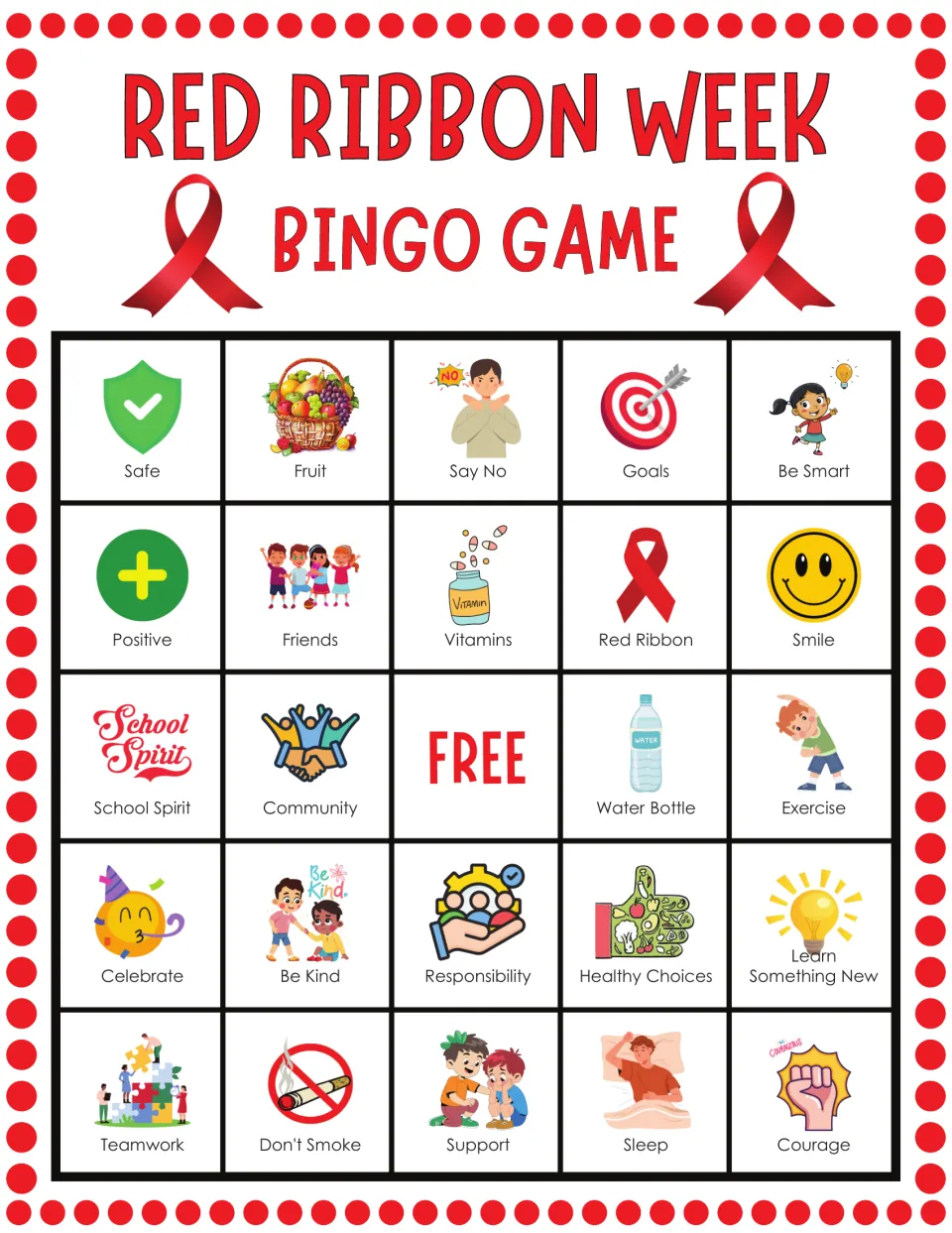 Card 7 of the bingo set: healthy-choice pictures labeled Safe, Fruit, Say No, Goals and Be Smart around a FREE center