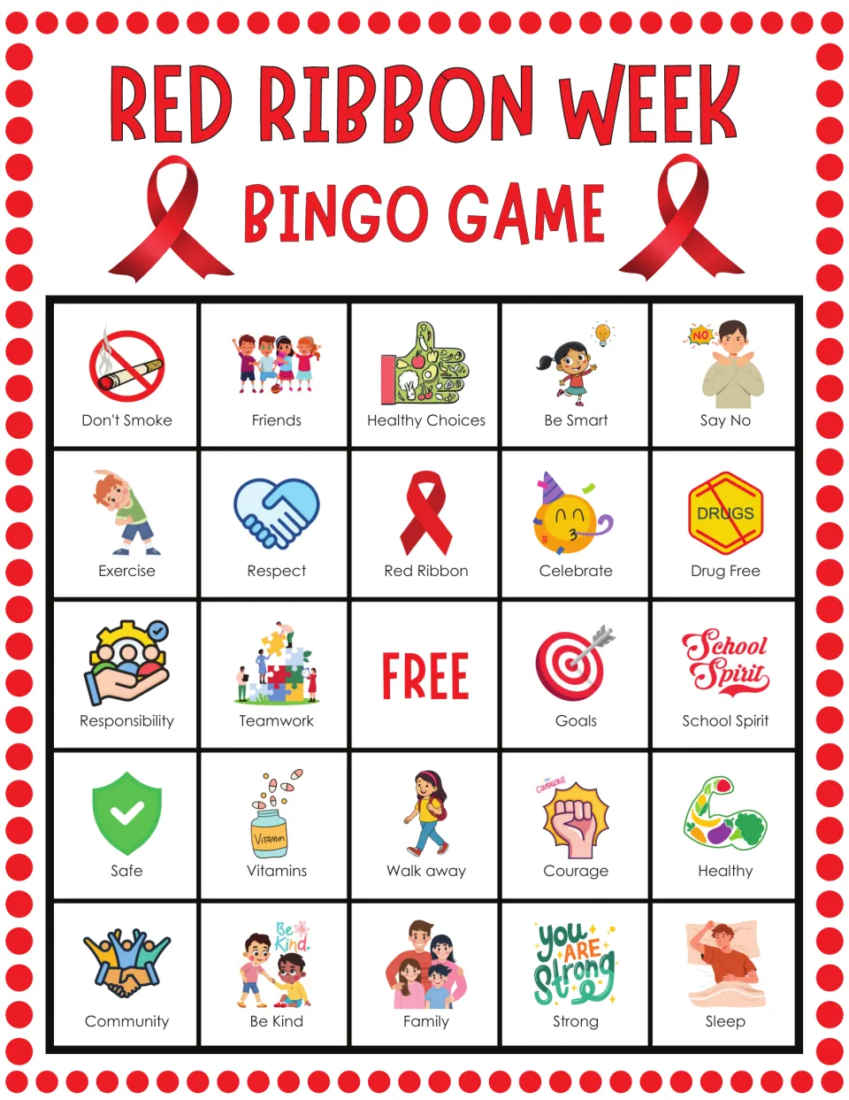 Anti-drug bingo card 8: students cover squares for Don't Smoke, Friends, Healthy Choices, Be Smart and Say No as called