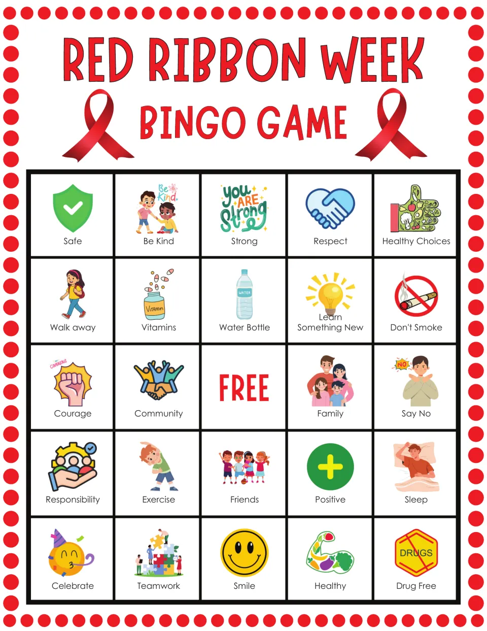 Bingo card 10: students mark Safe, Be Kind, Strong, Respect and Healthy Choices pictures as each word is called