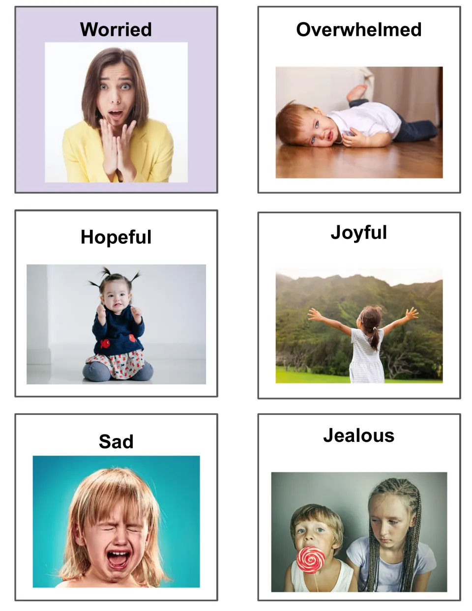 Emotion photo cards 13–18: Worried, Overwhelmed, Hopeful, Joyful, Sad, and Jealous, each illustrated by a photo