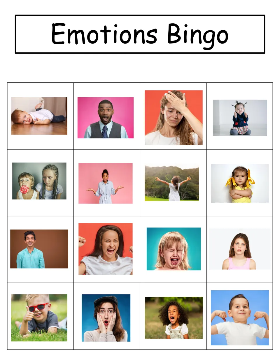 Emotion bingo board 1 has 16 photos, starting with Overwhelmed, Surprised, Regret/Oops, and Hopeful
