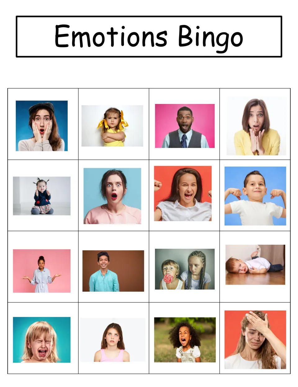 Emotion bingo board 3 has 16 photos, starting with Scared, Mad, Surprised, and Worried from the card set