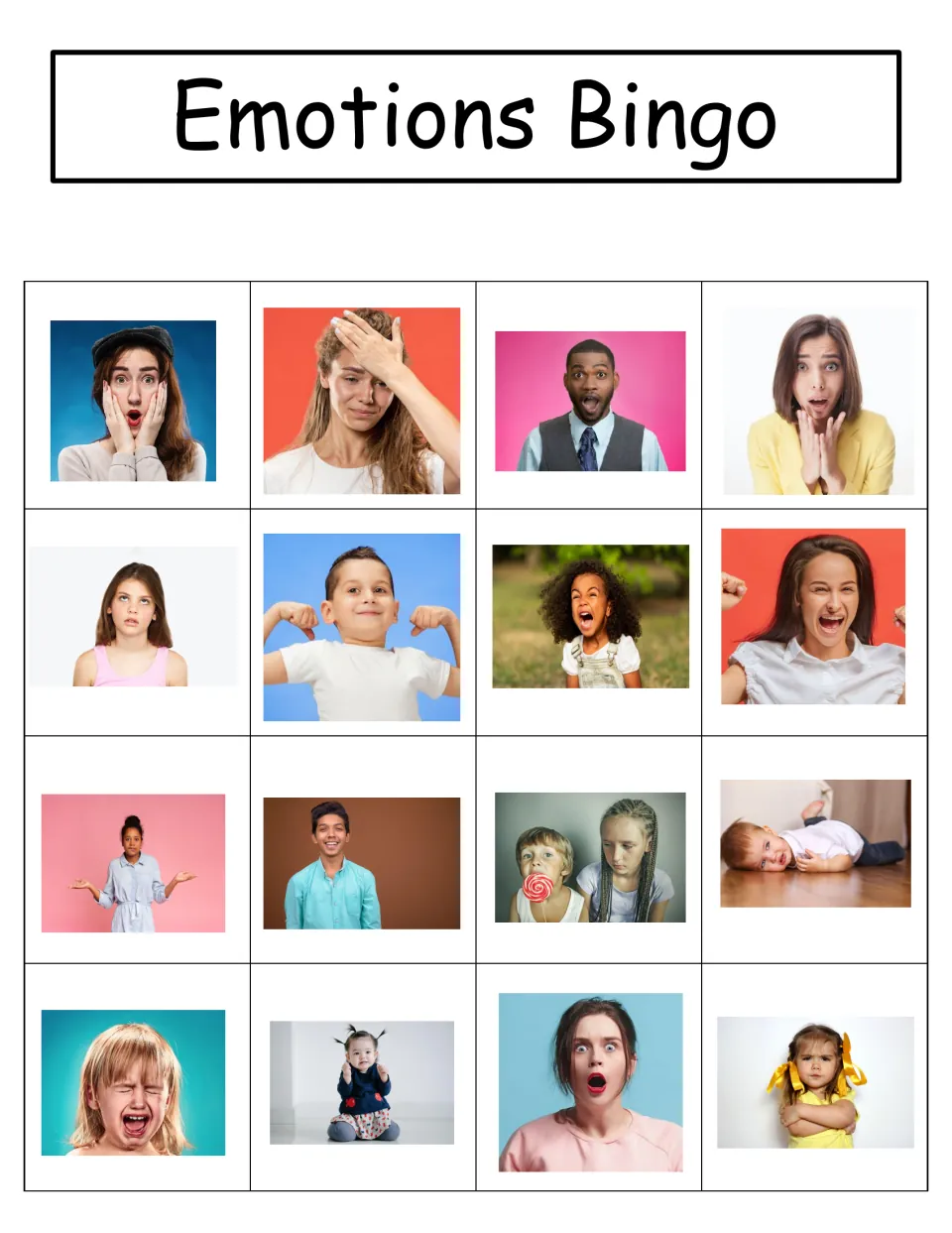 Emotion bingo board 4 has 16 photos, starting with Scared, Regret/Oops, Surprised, and Worried