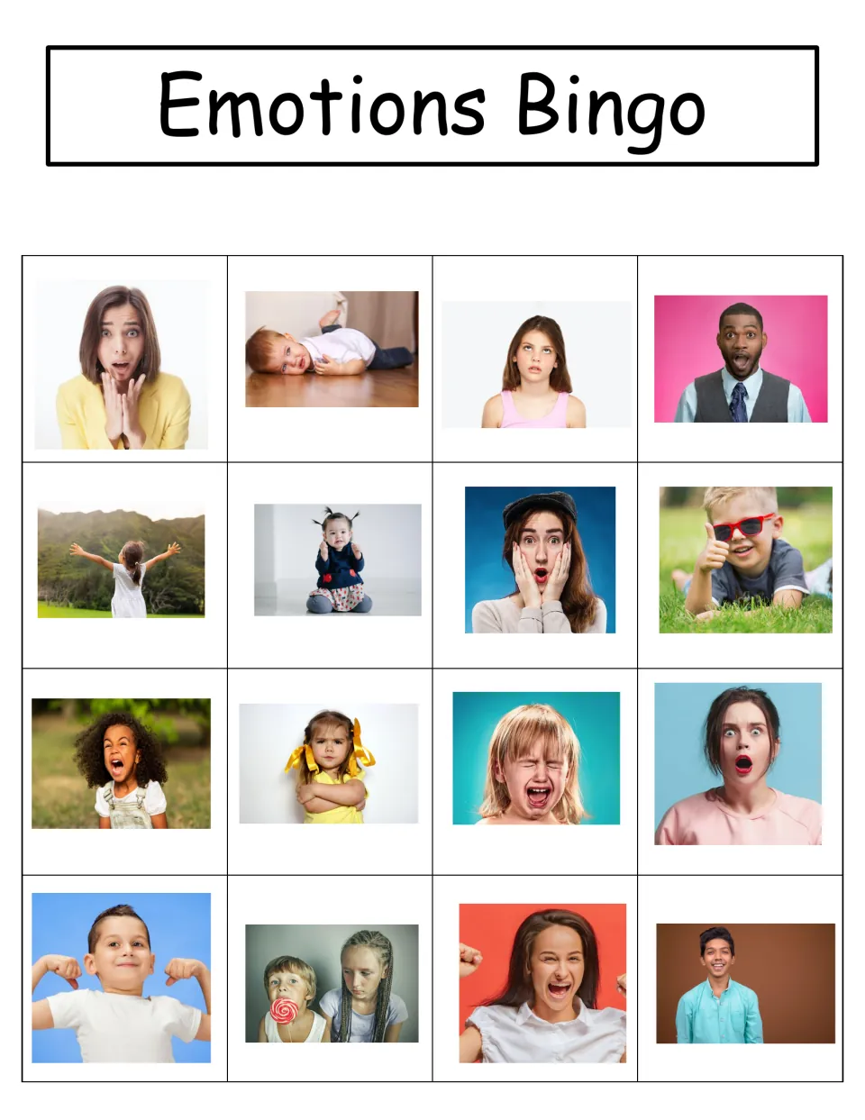 Emotion bingo board 7 has 16 photos, starting with Worried, Overwhelmed, Annoyed, and Surprised