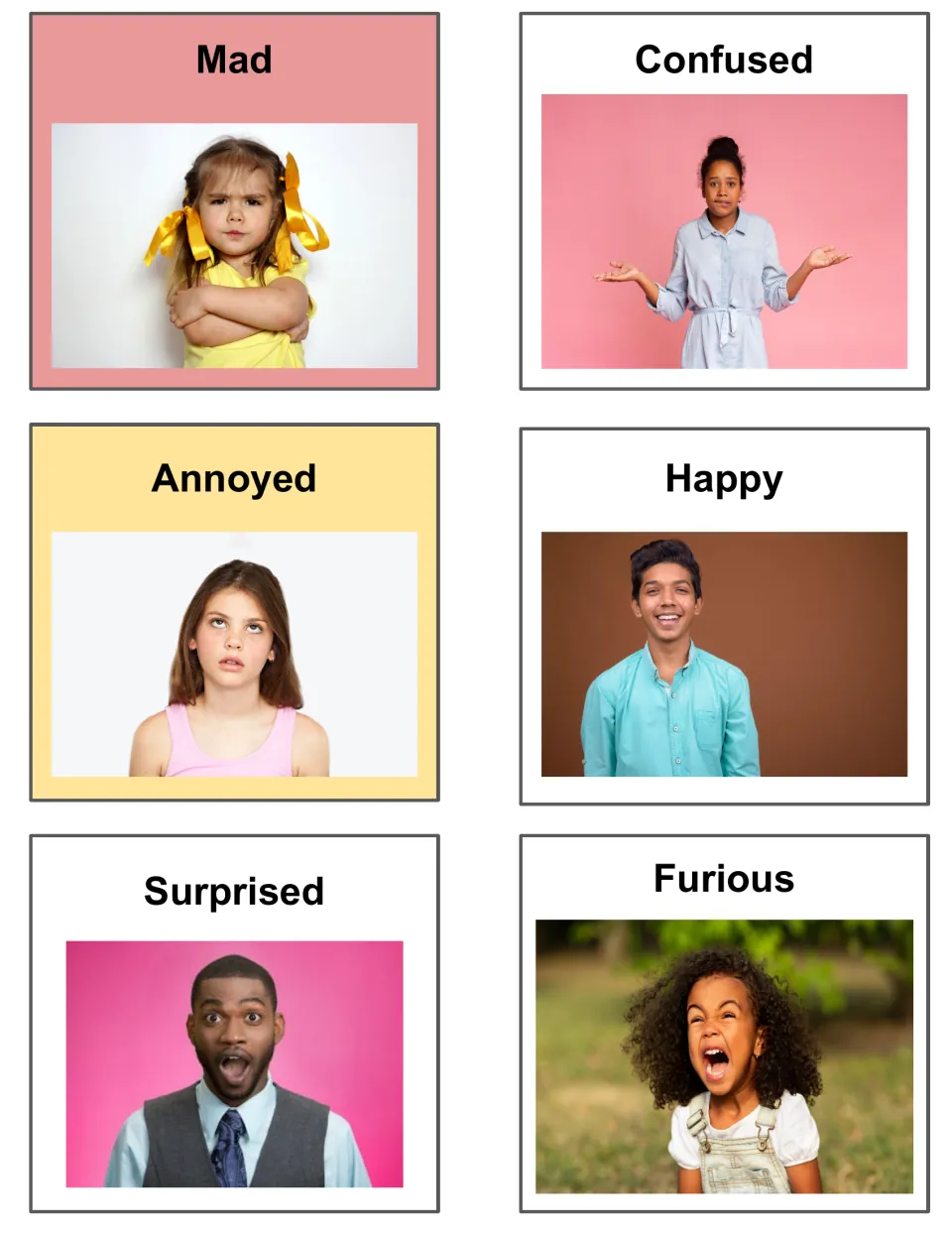 Feelings photo cards 1–6: Mad, Confused, Annoyed, Happy, Surprised, and Furious, each paired with a person