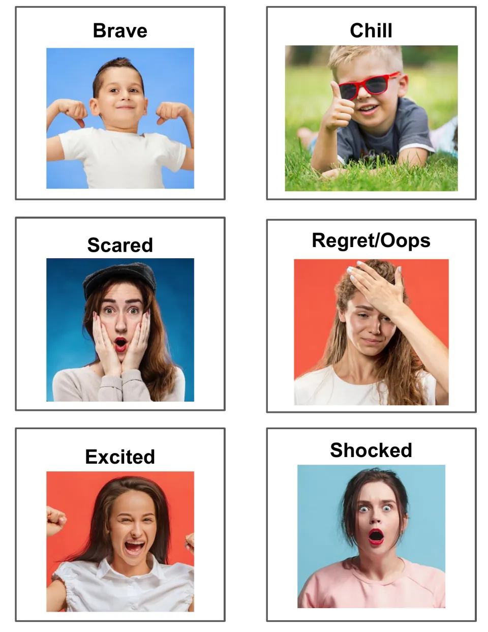 Feelings photo cards 7–12: Brave, Chill, Scared, Regret/Oops, Excited, and Shocked, shown by children and adults