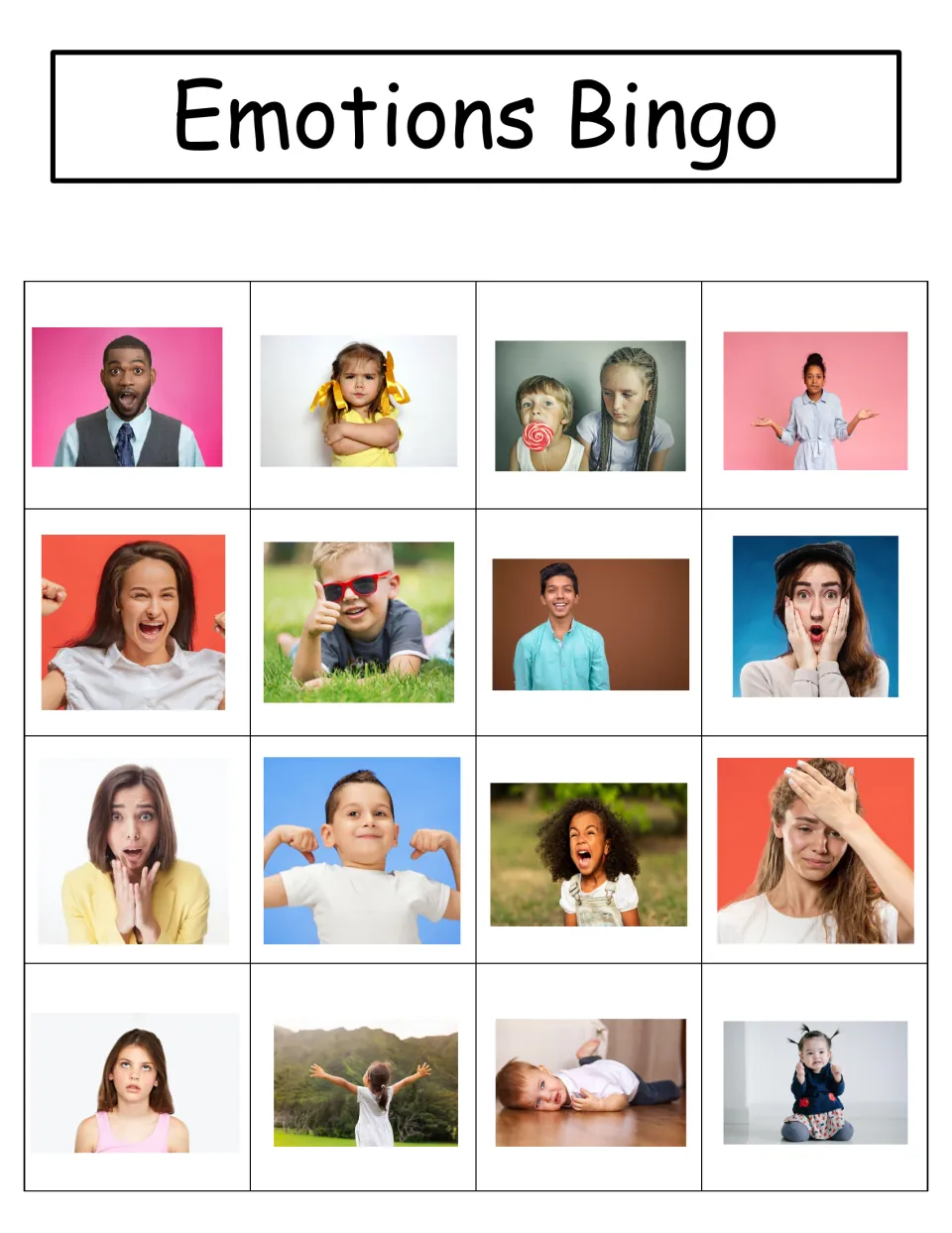 Emotions Bingo board 2: 16 feelings photos, starting with Surprised, Mad, Jealous, and Confused