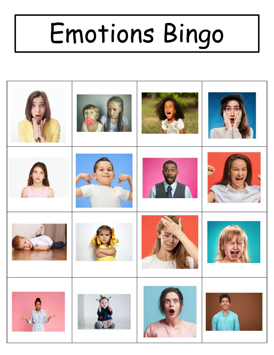 Emotions Bingo board 5: 16 feelings photos, starting with Worried, Jealous, Furious, and Scared