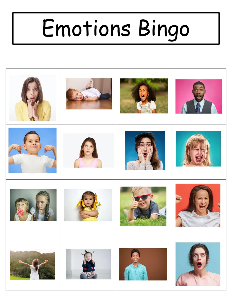 Emotions Bingo board 6: 16 feelings photos, starting with Worried, Overwhelmed, Furious, and Surprised