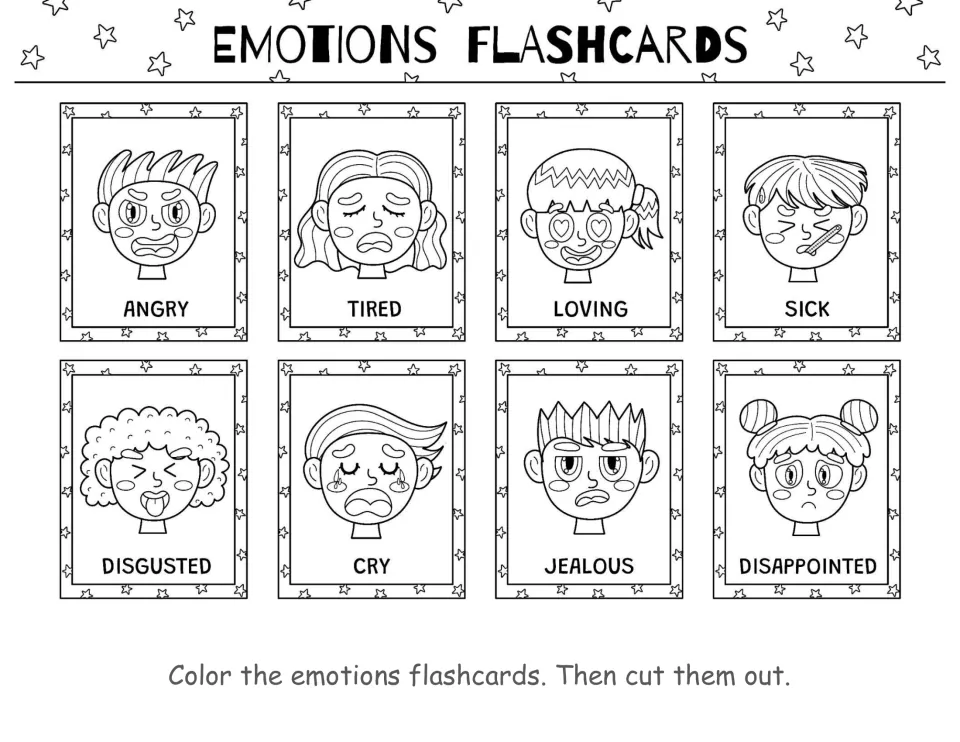 Emotions flashcards: students color 8 faces labeled angry, tired, loving, sick, disgusted, cry, jealous, disappointed