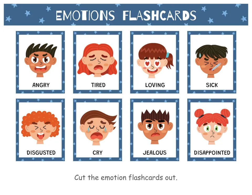 Colored emotions flashcards to cut out: 8 faces labeled angry, tired, loving, sick, disgusted, cry, jealous, disappointed