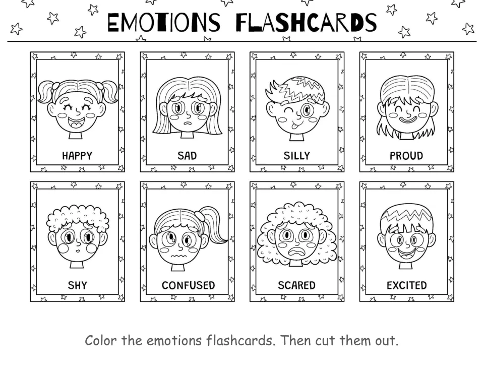 Emotions flashcards: students color 8 faces labeled happy, sad, silly, proud, shy, confused, scared, excited
