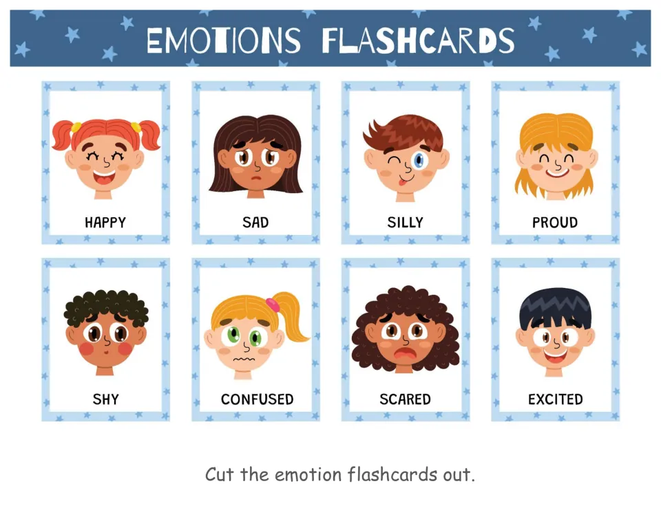 Colored emotions flashcards to cut out: 8 faces labeled happy, sad, silly, proud, shy, confused, scared, excited