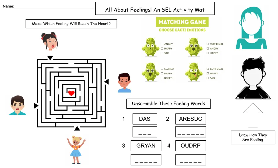 Feelings activity mat: students solve a maze to the heart, match cactus emotions, unscramble 4 words and draw faces
