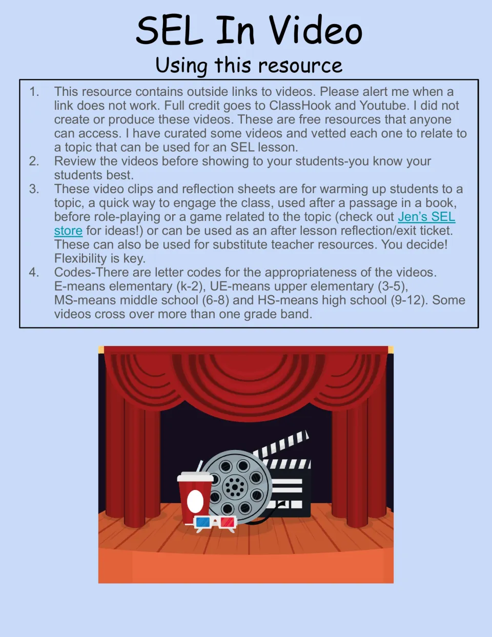 Usage guide for the SEL reflection sheets explains video links, previewing clips, lesson uses, and grade codes