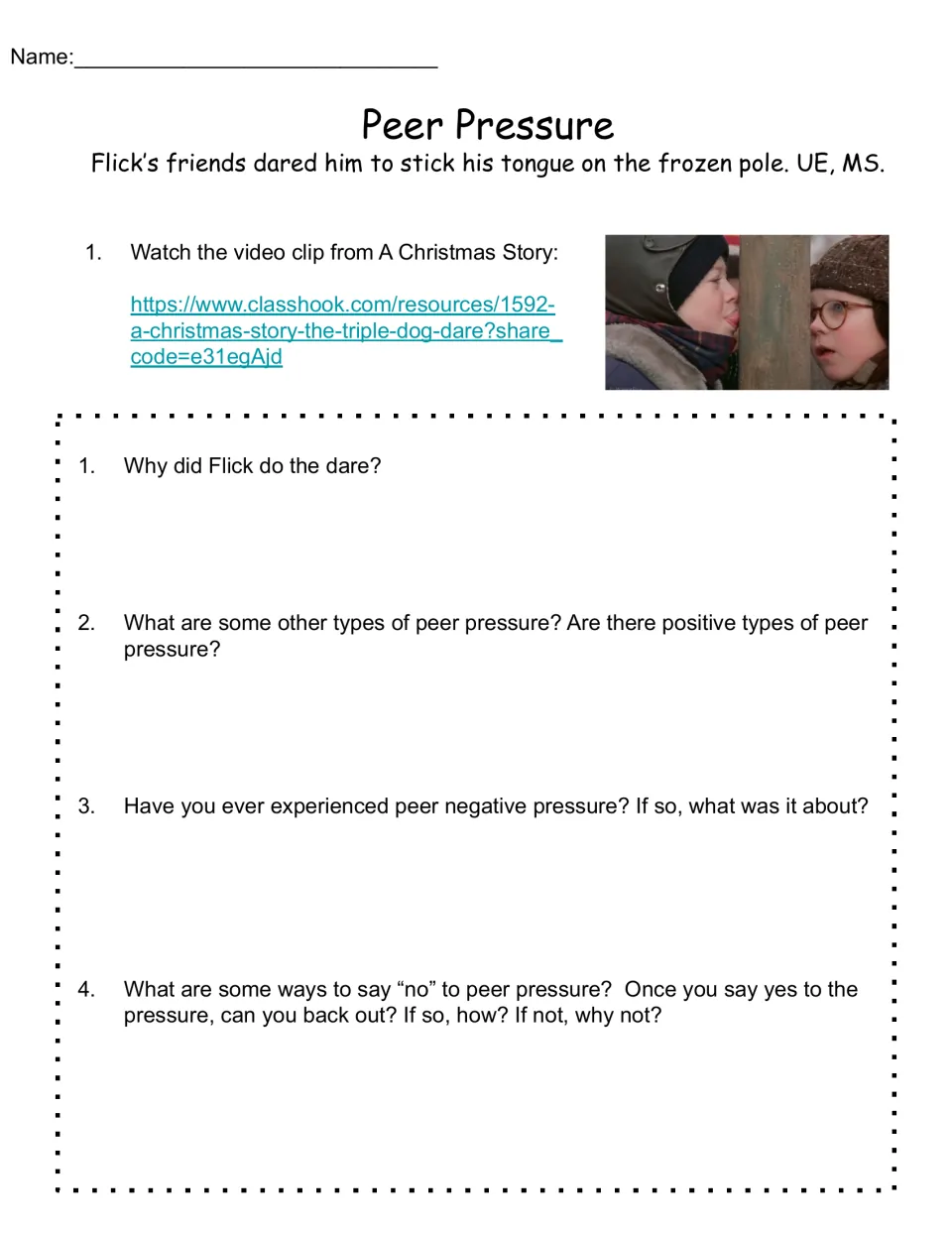Peer Pressure reflection sheet links to A Christmas Story and asks four questions about dares and saying no