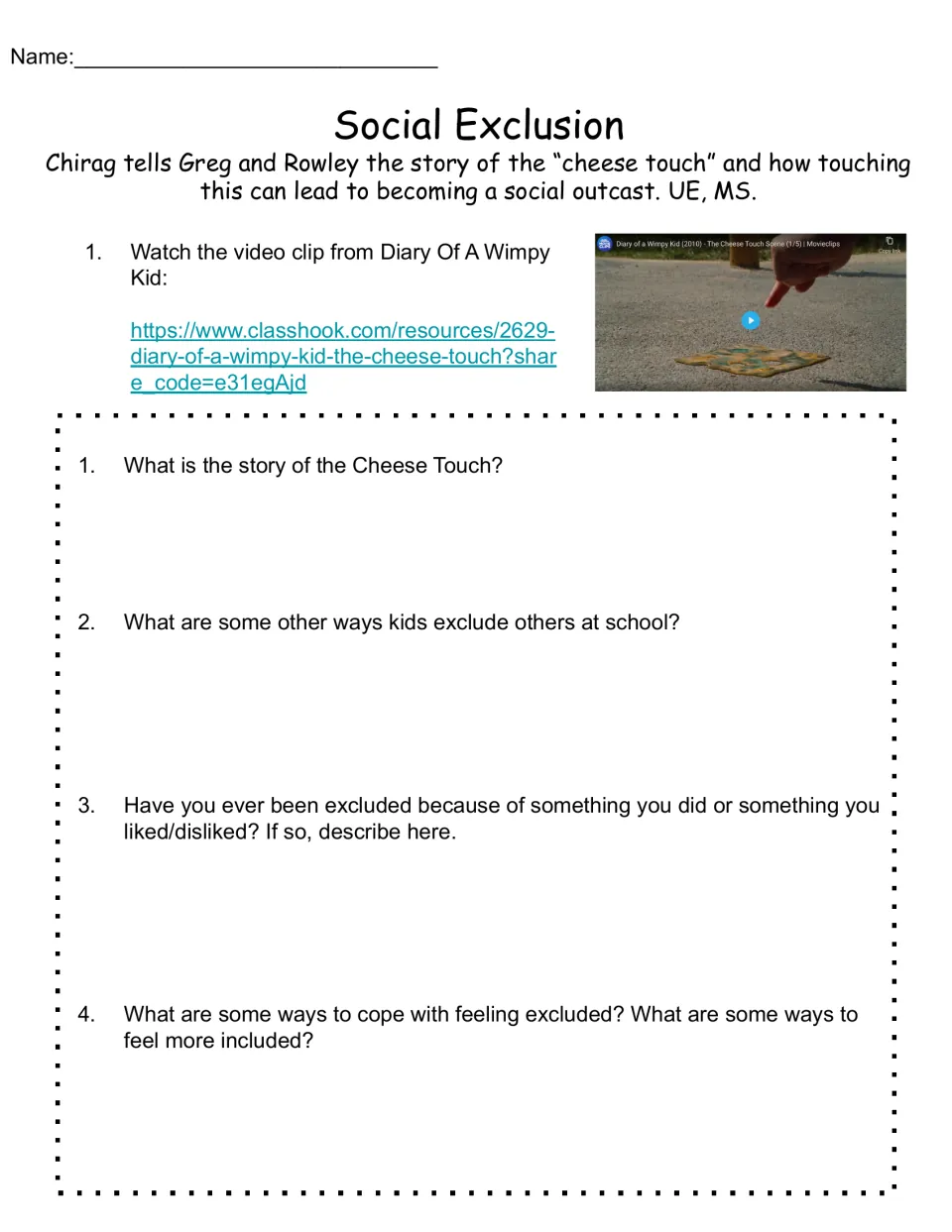 Social Exclusion reflection sheet uses Diary of a Wimpy Kid's Cheese Touch clip and four questions on exclusion