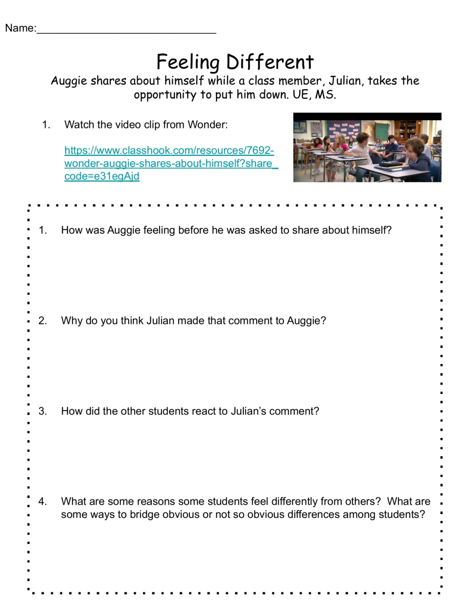 Feeling Different reflection sheet uses a Wonder clip and four questions about Auggie, Julian, and differences