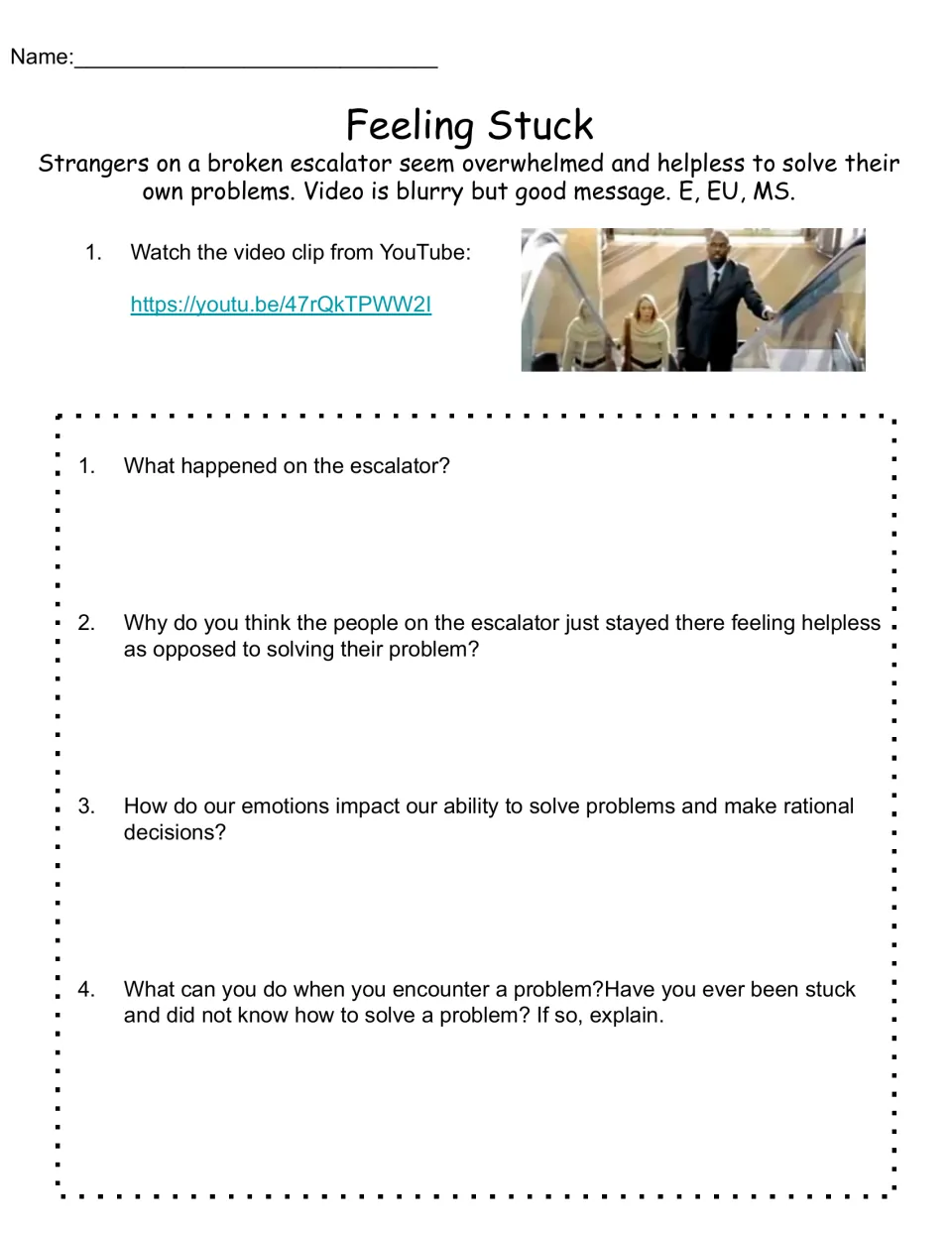 Feeling Stuck reflection sheet links to a broken escalator video and asks four questions about solving problems