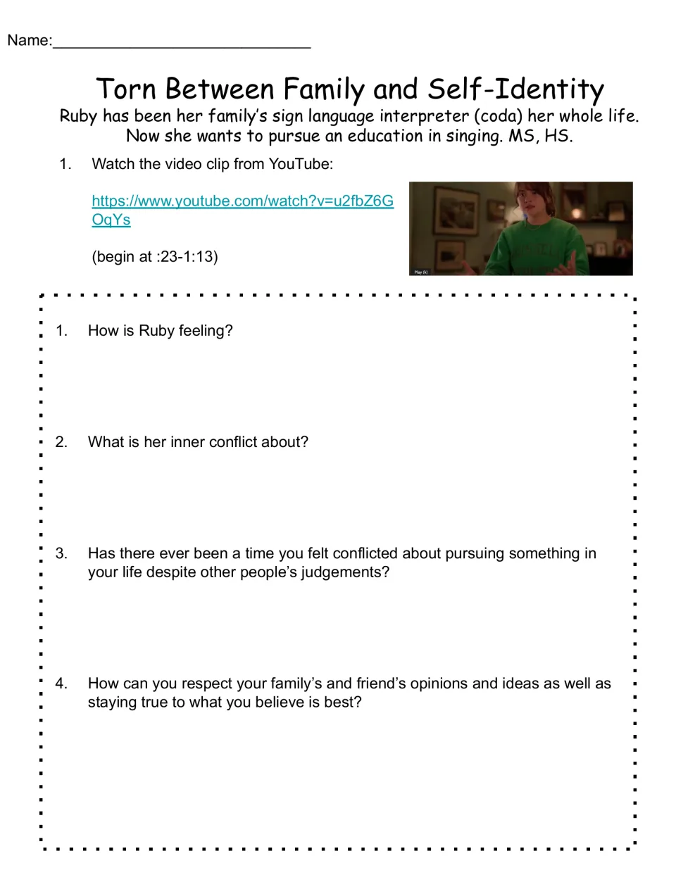 Family and self-identity reflection sheet pairs Ruby's singing ambitions clip with four questions on conflict