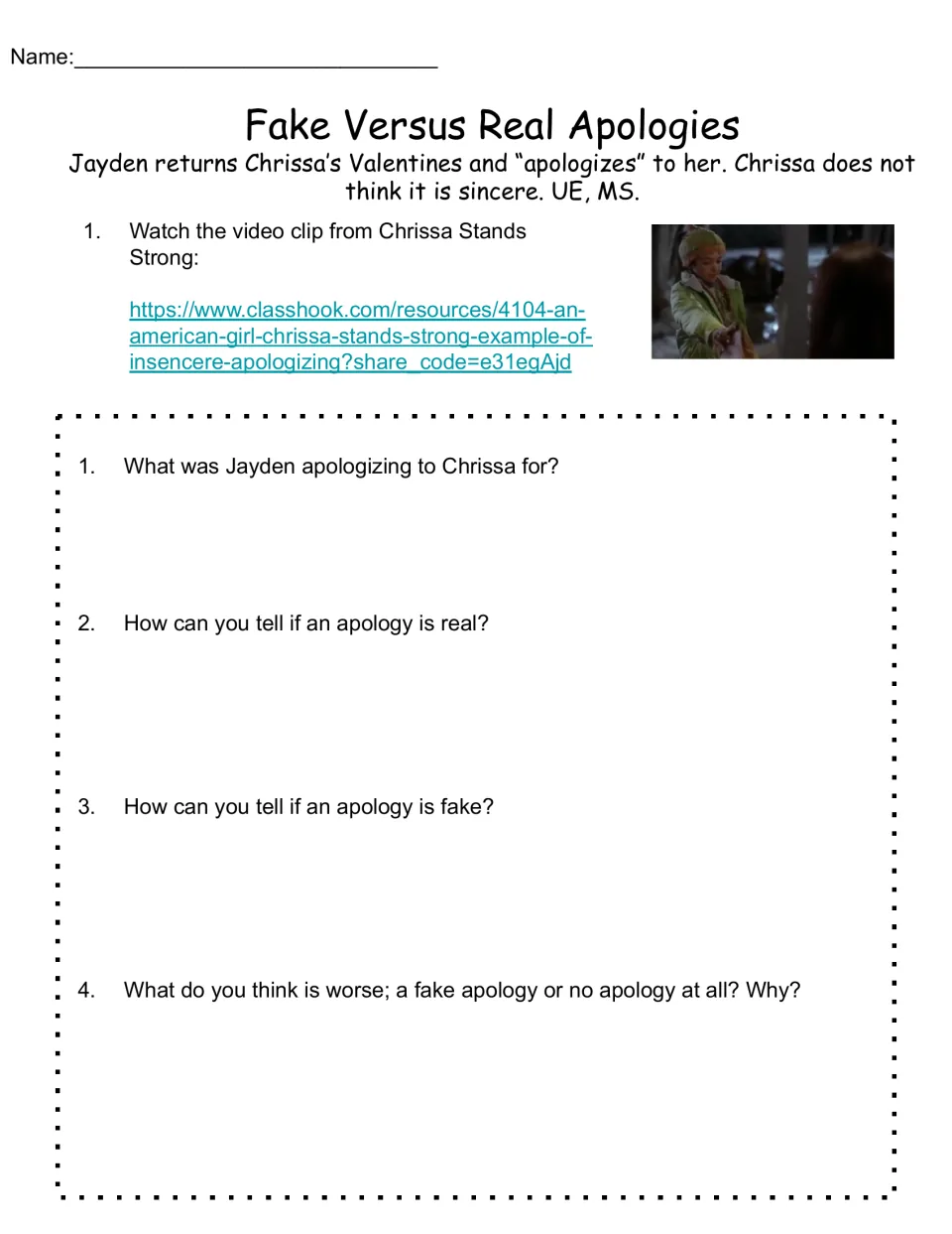 Fake Versus Real Apologies reflection sheet uses a Chrissa Stands Strong clip and four questions on sincerity