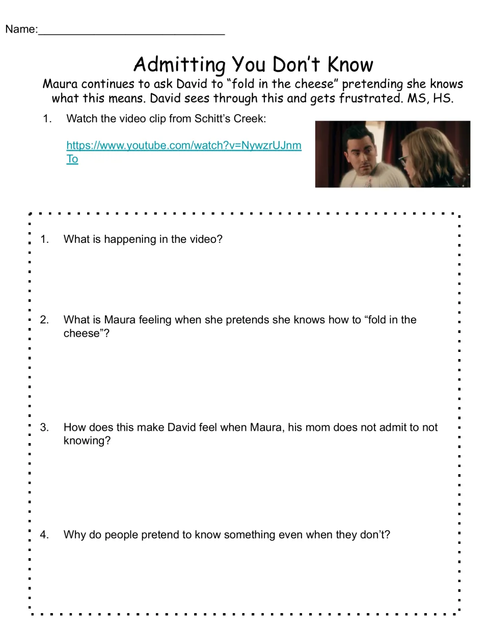 Admitting You Don't Know reflection sheet uses a Schitt's Creek cooking clip and four questions about pretending