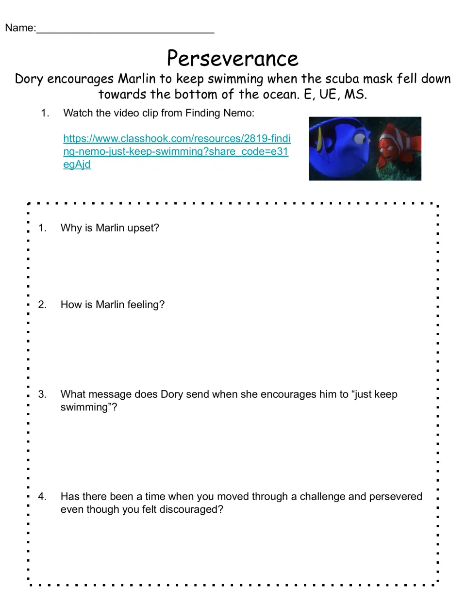 Perseverance reflection sheet uses Finding Nemo and four questions about Marlin, encouragement, and challenges