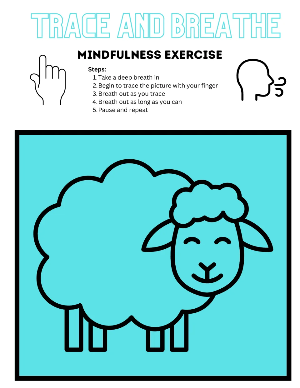 Color lamb tracing activity with a turquoise background and five steps for breathing while finger tracing