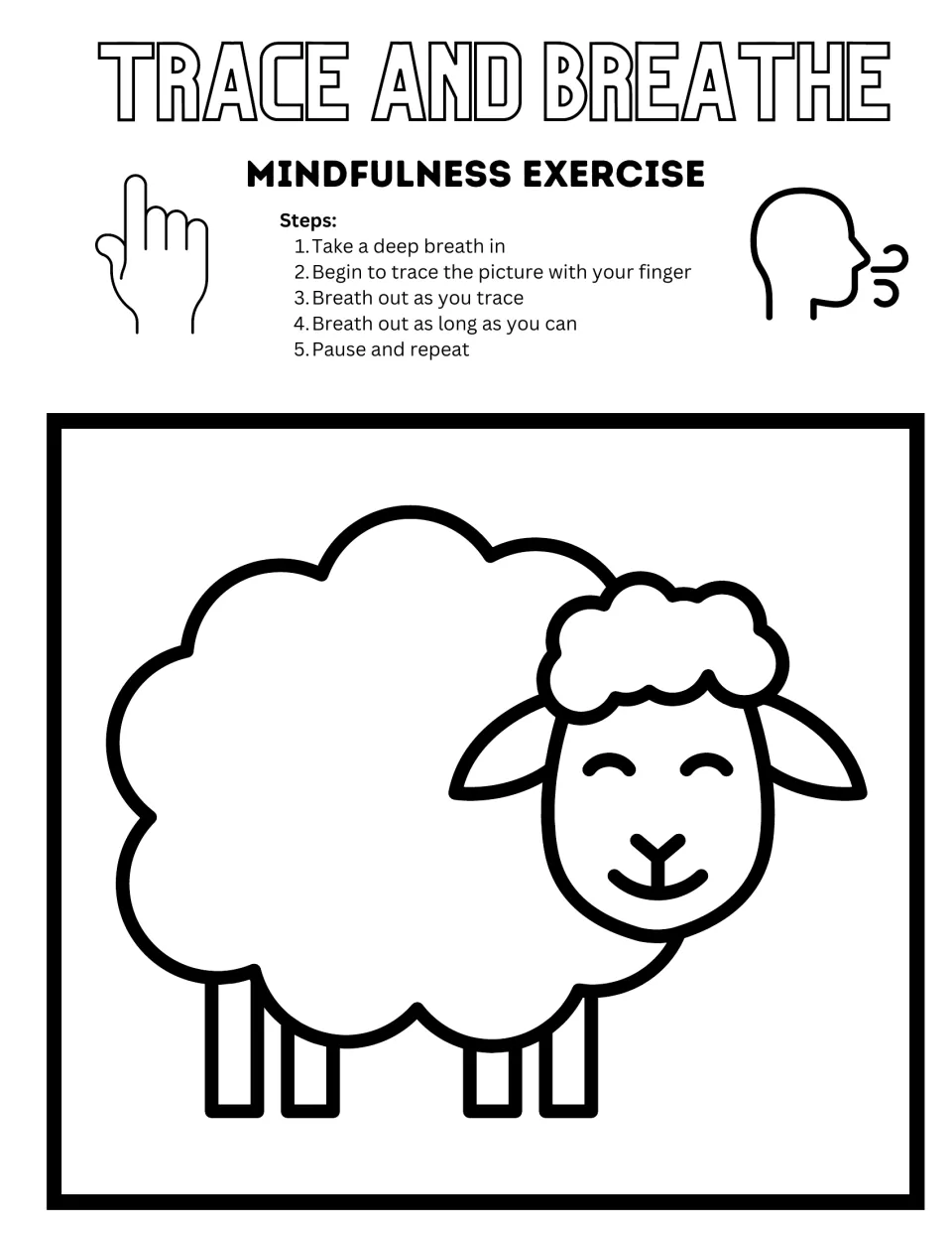 Black-and-white lamb tracing activity with five steps for taking a breath, finger tracing, and breathing out